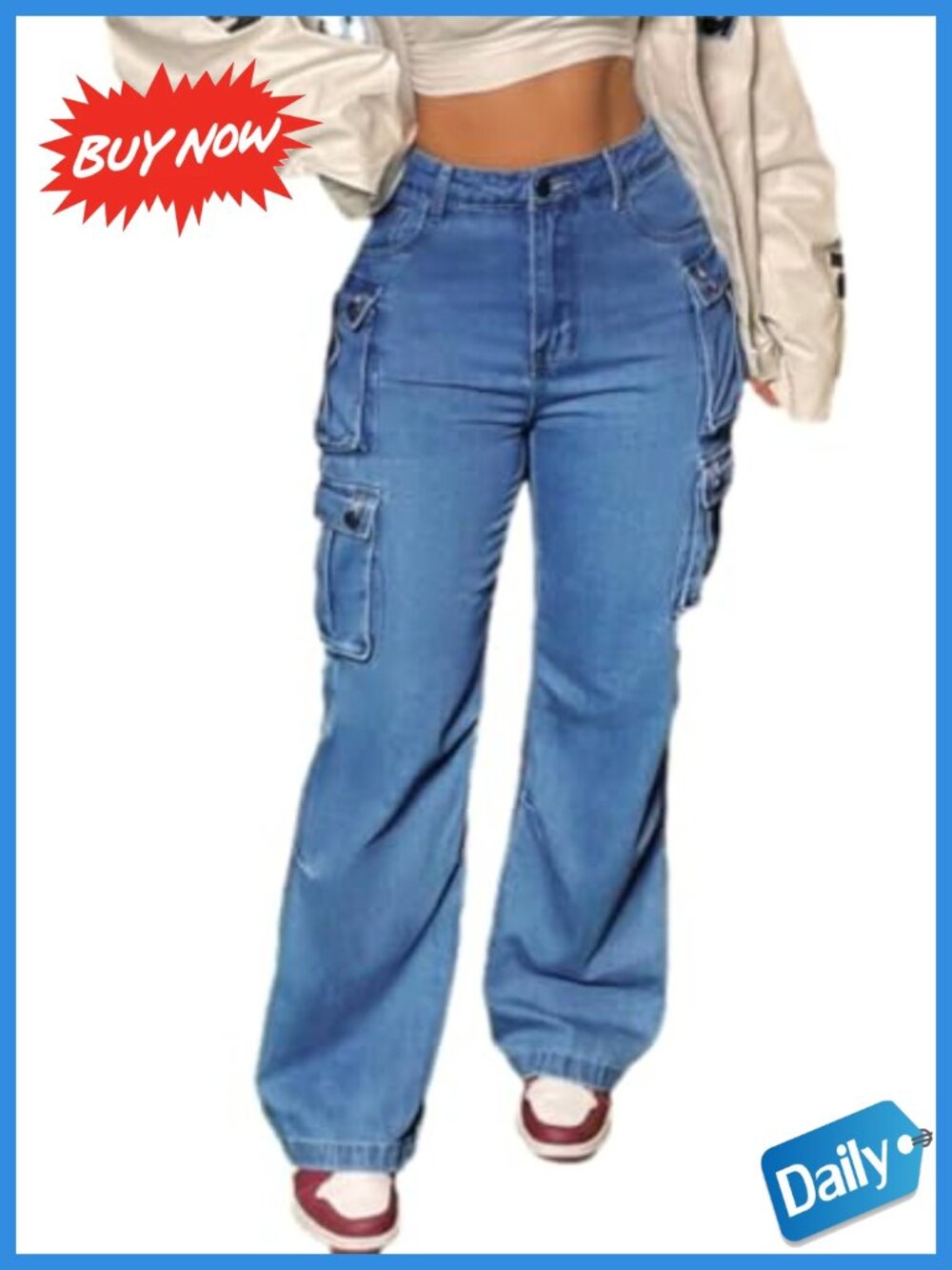 Womens Cargo Jeans Low Rise Baggy Wide Leg Denim Streetwear Pants